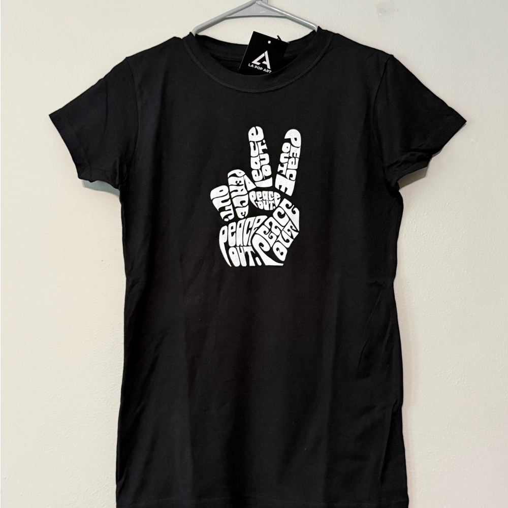LA Pop Art Black Tee with White Peace Hand Typography